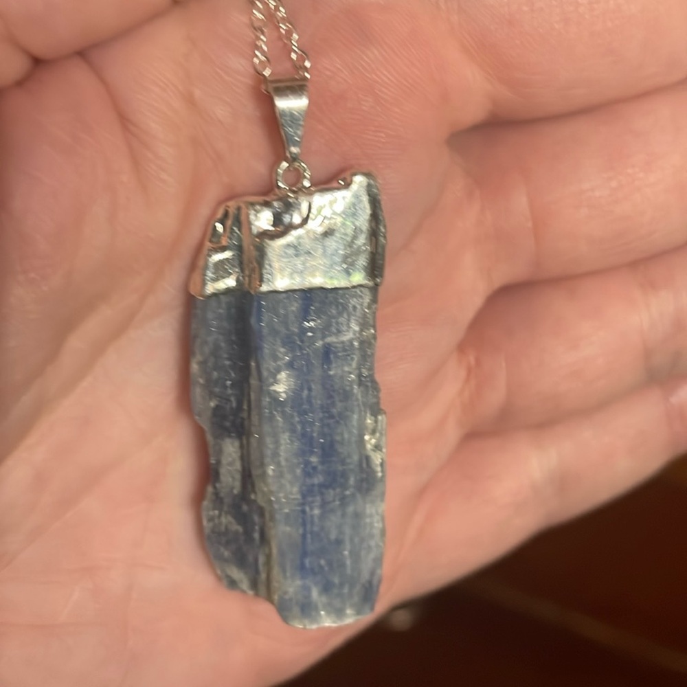 Blue Kyanite Silver Plated over Copper Electroform Pendant Necklace